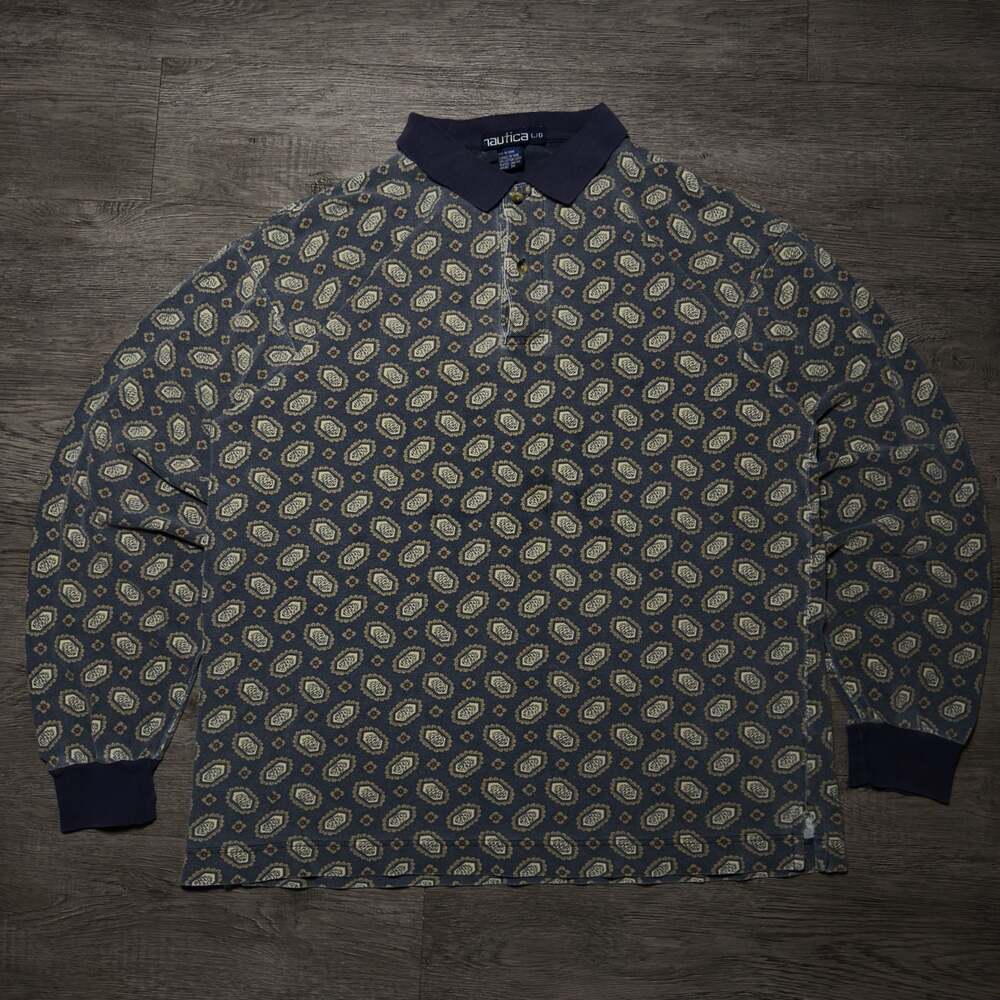 Nautica Men's Long Sleeve Polo Shirt with Medallion Pattern